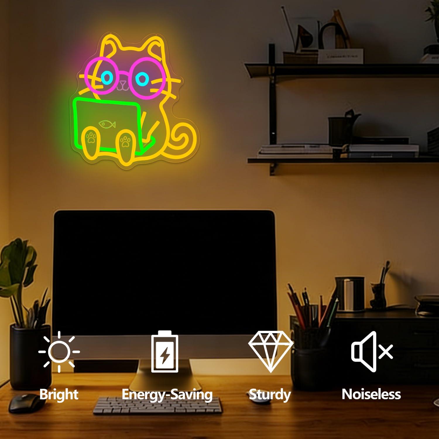 Cat Laptop Neon Sign USB Dimma - Tech Office Wall ulasan dan harga
