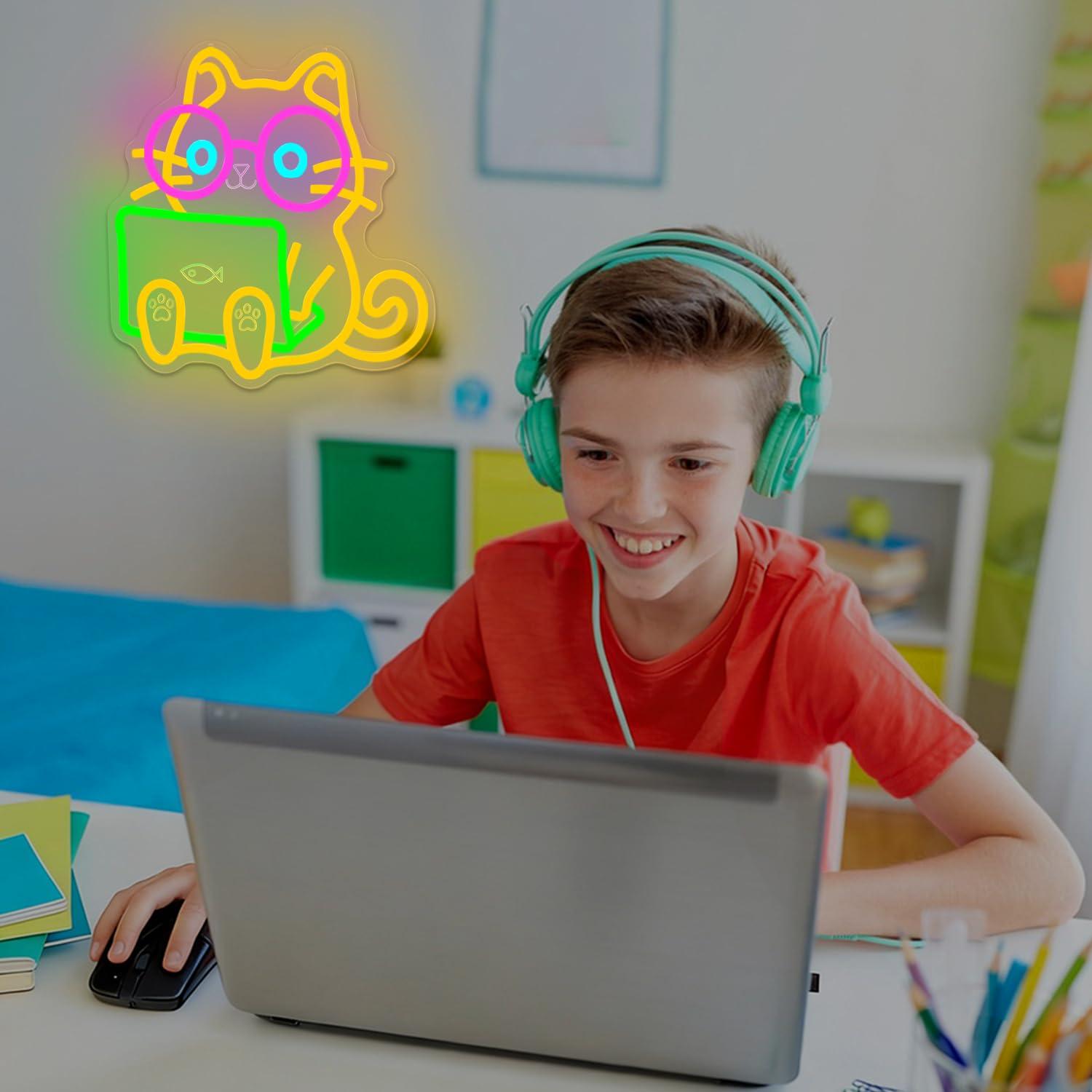 Cat Laptop Neon Sign USB Dimma - Tech Office Wall ulasan dan harga